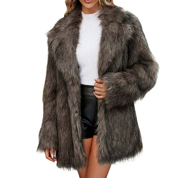 Idoravan Winter Fur Coats for Women Faux Womens Ladies Warm Faux Furry Long Coat Jacket Winter Solid V-neck Outerwear Dark Gray M