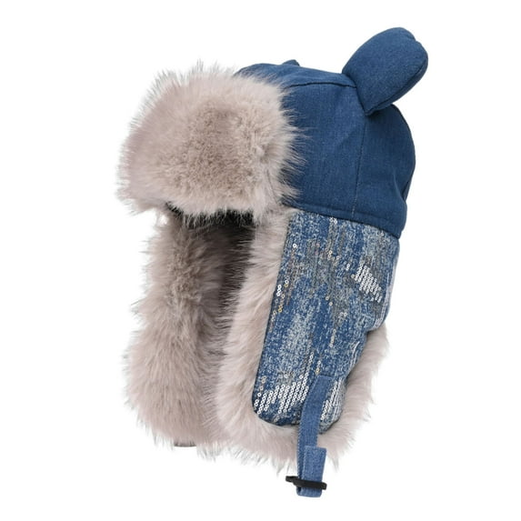 Idoravan Winter Hat Fur Hats with Warm Ear Flaps Winter Cycling Hat Men Women Unisex Adjustable Fleece Hat Scarf Windproof Two-piece Set Blue