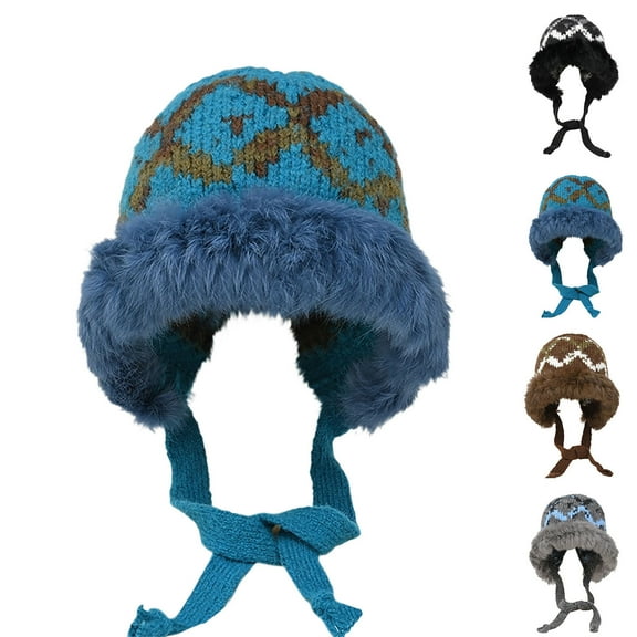 Idoravan Winter Hat Knit Hats with Warm Ear Flaps Winter Cycling Hat Women/Men Fall/Winter Thicken Wool Hat Outdoor Cycling Fleeced Warm Knitted Hat Blue