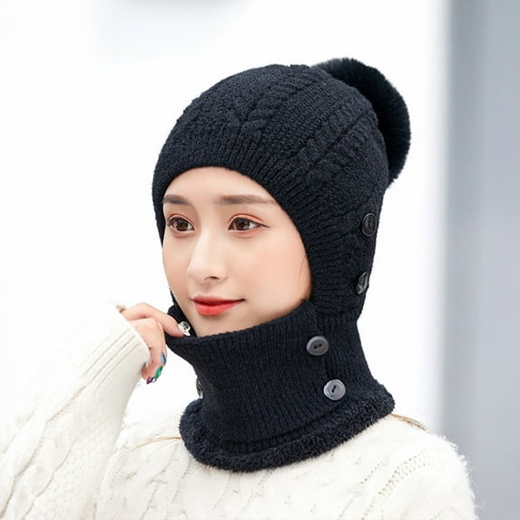 Idoravan Winter Hats for Women Clearance Women Winter Fashion Solid Color Outdoor Warmth Scarf Mask Hat Black