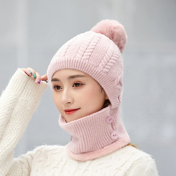 Idoravan Winter Hats for Women Clearance Women Winter Fashion Solid Color Outdoor Warmth Scarf Mask Hat Pink
