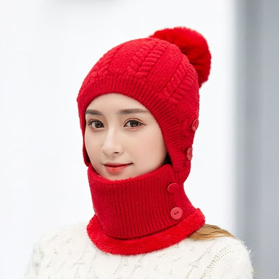Idoravan Winter Hats for Women Clearance Women Winter Fashion Solid Color Outdoor Warmth Scarf Mask Hat Red