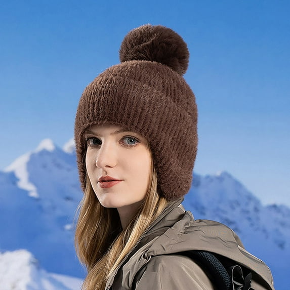 Idoravan Winter Hats for Women Winter Women Solid Color Fashionable Plush and Thick Warm Ear Protection Hood Coffee