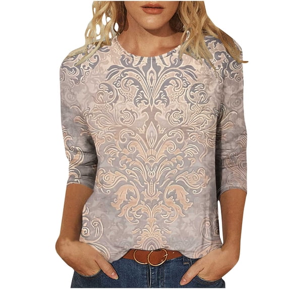 Idoravan Women Blouses Dressy Casual 3/4 Sleeve Ladies' Fashion Printed Round Neck Three Quarter Sleeve 3/4 Sleeve T-shirt Loose