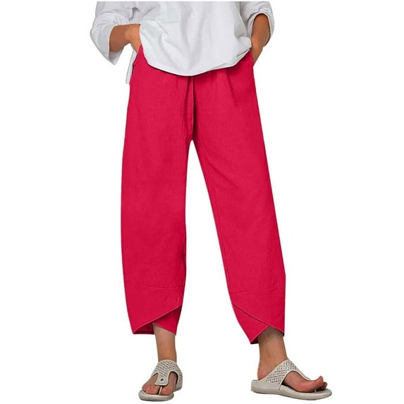 Idoravan Women Casual Solid Pants Comfortable Elastic High Waist Casual Beach Pants
