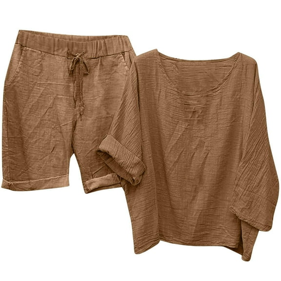 Idoravan Women Sets Clothing Casual Womens Sets 2 Piece Outfits Summer Women Fashion Round-Neck Casual Solid 3/4 Sleeve Outing Shorts Pants Sets