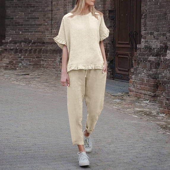 Idoravan Women Sets Clothing 2PC Fashion Womens Round Neck Solid Short Sleeve Blouse +Loose Pants Sets