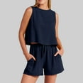 thumbnail image 1 of Idoravan Women Sets Clothing 2PC Fashion Womens Round Neck Solid Sleeveless Blouse +Loose Cotton Linen Pockets Pants Short Sets, 1 of 8