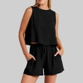 thumbnail image 1 of Idoravan Women Sets Clothing 2PC Fashion Womens Round Neck Solid Sleeveless Blouse +Loose Cotton Linen Pockets Pants Short Sets, 1 of 8