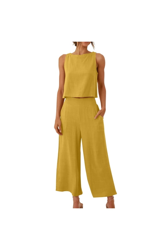Women Sets Clothing 2PC Fashion Womens Round Neck Solid Sleeveless Blouse +Loose Pockets Pants Sets
