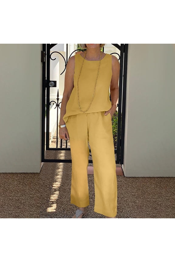 Women Sets Clothing 2PC Fashion Womens Round Neck Solid Sleeveless Blouse +Loose Pockets Pants Sets