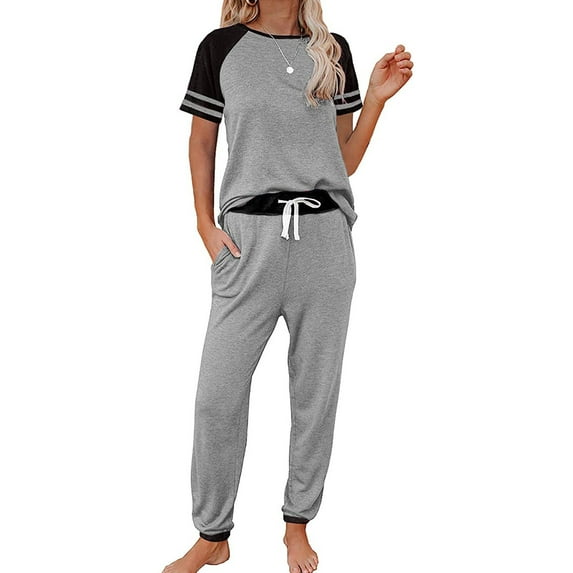 Idoravan Women Sets Clothing 2PC Women Pure Color Suit Short Sleeve Leisure Pocket Home Sweatpants Sets