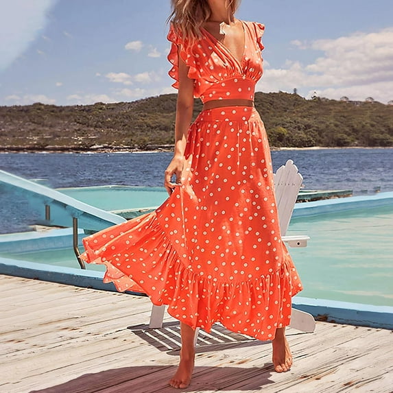 Idoravan Women Sets Clothing Clearance Fashion Women Summer Froral Print Casual Short SLeeve Top+ Skirt Set