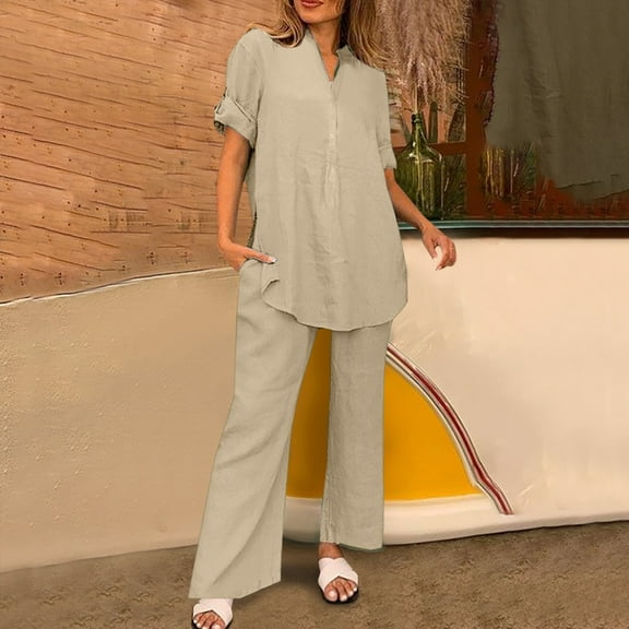 Idoravan Women Sets Clothing Fashion Women Summer Solid Button Casual Short SLeeve Top+ Pant Set