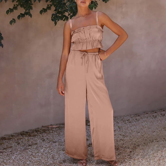 Idoravan Women Sets Clothing Fashion Women Summer Square-Neck Solid Casual SLeeveless Top  Pant Set