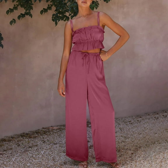 Idoravan Women Sets Clothing Fashion Women Summer Square-Neck Solid Casual SLeeveless Top+ Pant Set