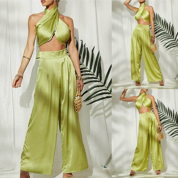 Idoravan Women Sets Clothing Fashion Women Two-Piece Halter Neck Solid Sleeveless Irregular Tops and Wide Leg Pants Sets