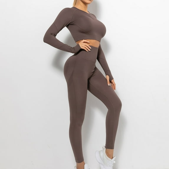 Idoravan Women Sets Clothing Clearance Ladies Seamless Hollow Yoga Long Sleeve Yoga Suit Sports Fitness Running Yoga Set