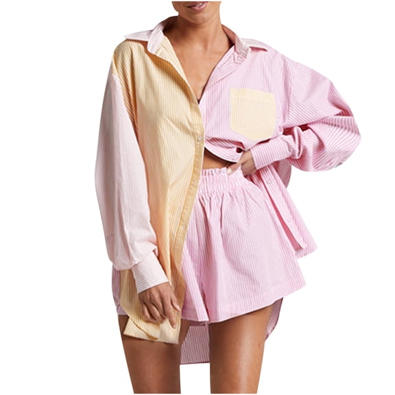 Idoravan Women Sets Clothing Spring and Summer Two-piece Color-blocking Single-breasted Long-sleeved Lapel Shirt Shorts Loose Fashion Casual Suit