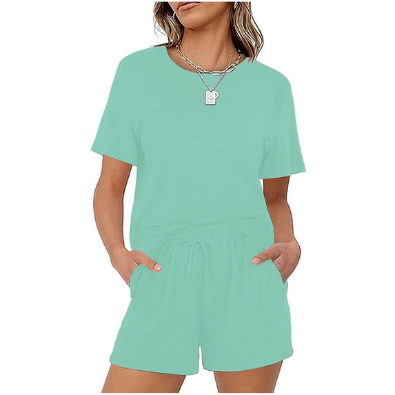 Idoravan Women Sets Clothing Clearance Two-Piece Womens Summer Printed and Solid One Shoulder Top and with Pocket Shorts Set Suit