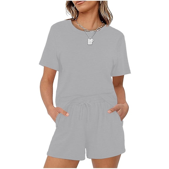 Idoravan Women Sets Clothing Two-Piece Womens Summer Printed and Solid One Shoulder Top and with Pocket Shorts Set Suit