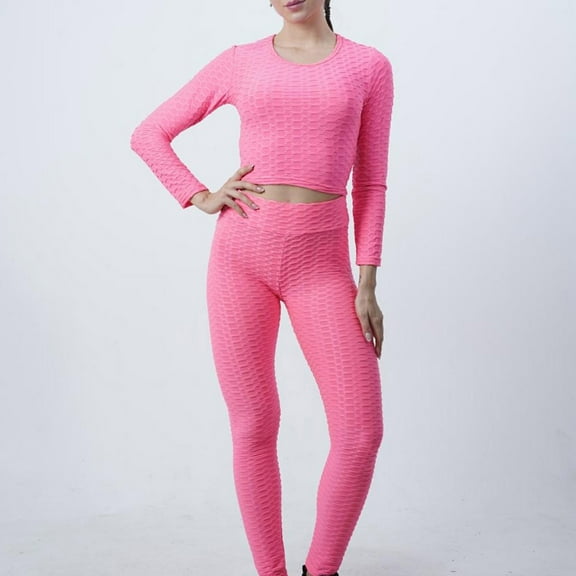 Idoravan Women Sets Clothing Women Casual Solid Peach Tight Hip Curling Yoga Suit Sports Fitness Yoga Suit Long Sleeve Round-Neck Sets