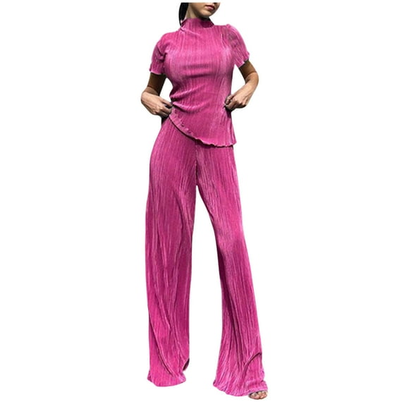 Idoravan Women Sets Clothing Clearance Women Casual Solid Slimming High Collar Short Sleeve Round-neck Blouses Sets