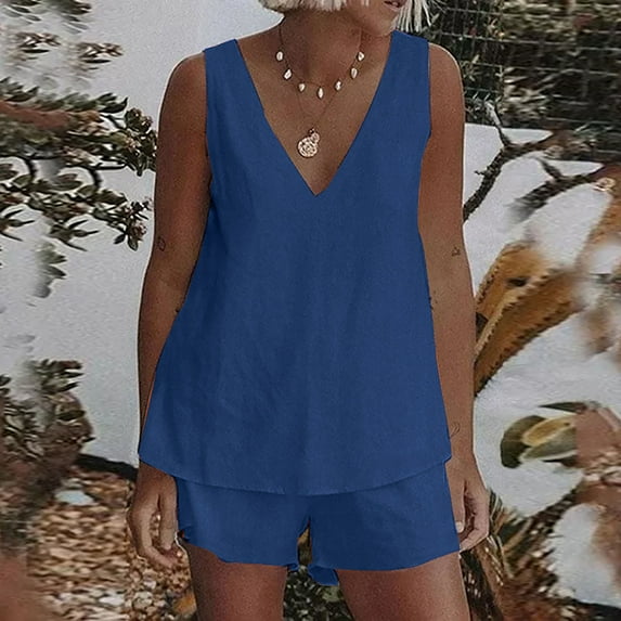 Idoravan Women Sets Clothing Clearance Women Casual Summer V Neck Solid Sleeveless Tops and Shorts Two Pieces Set Suit