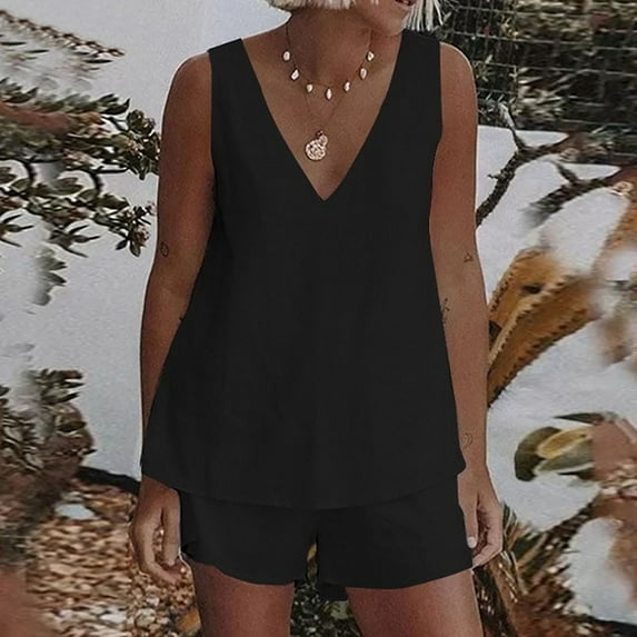 Idoravan Women Sets Clothing Clearance Women Casual Summer V Neck Solid Sleeveless Tops and Shorts Two Pieces Set Suit