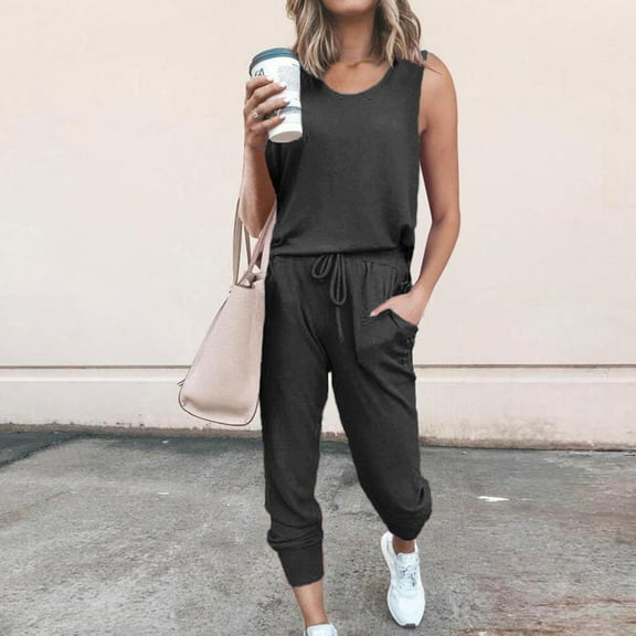 Idoravan Women Sets Clothing Women Loose Two-piece Sets Solid Sleeveless Tops Vest Casual Pants Sweatsuit