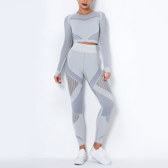 Idoravan Women Sets Clothing Clearance Women Seamless Striped Hollow Yoga Clothes Hip Quick-drying Fitness Suit