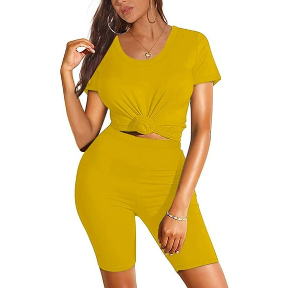 Idoravan Women Sets Clothing Women Two Piece Outfits Biker Set Short Sleeve O-Neck T Shirt+High Waist Shorts