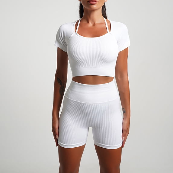 Idoravan Women Sets Clothing Clearance Womens Casual Fashion Bodybuilding Run Yoga Solid Color Short Sleeve Square Neck Tops Shorts Suit