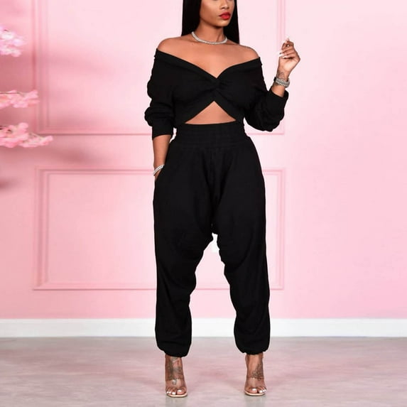 Idoravan Women Sets Clothing Clearance Womens Casual Fashion Sexy Open Navel V-neck Solid Cross Top Crotch Pants Suit