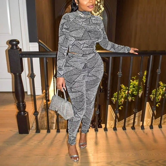 Idoravan Women Sets Clothing Womens Casual Fashion Sexy Pattern Print Long Sleeve Flash Cloth Tight Fitting Top Pants Set