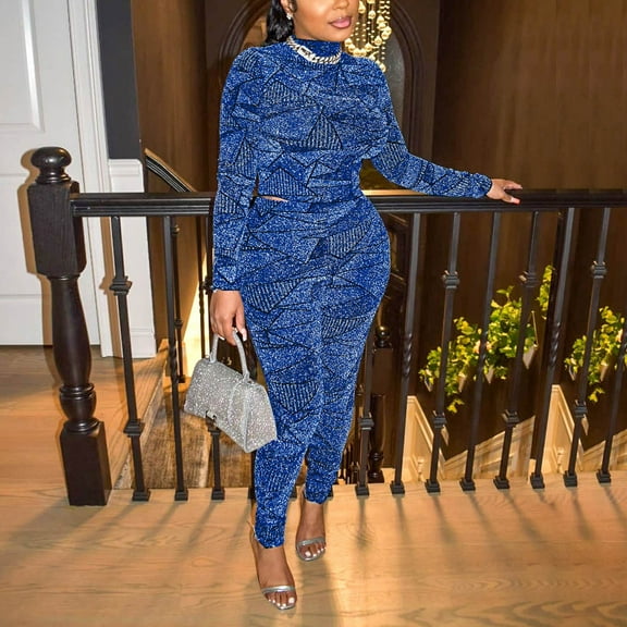 Idoravan Women Sets Clothing Womens Casual Fashion Sexy Pattern Print Long Sleeve Flash Cloth Tight Fitting Top Pants Set