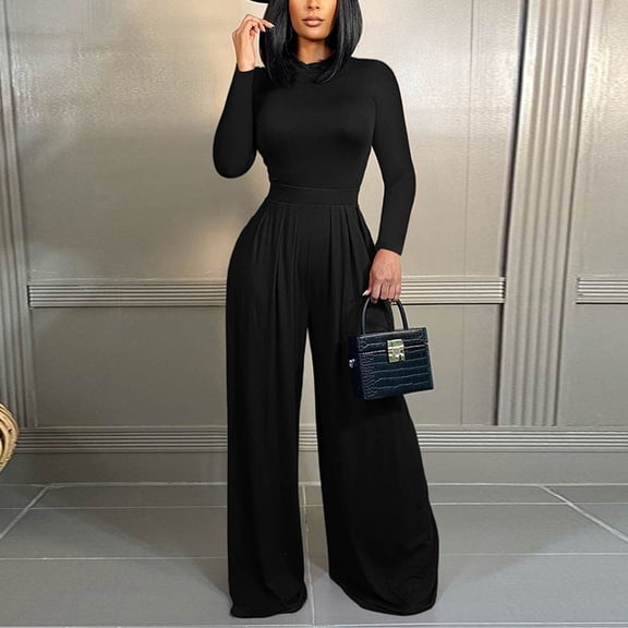 Idoravan Women Sets Clothing Womens Casual Fashion Sexy Solid Color Long Sleeve Tight Fitting Onesie Wide Leg Pants Two Piece Set