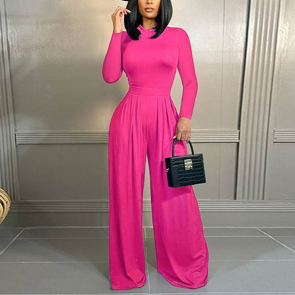 Idoravan Women Sets Clothing Womens Casual Fashion Sexy Solid Color Long Sleeve Tight Fitting Onesie Wide Leg Pants Two Piece Set