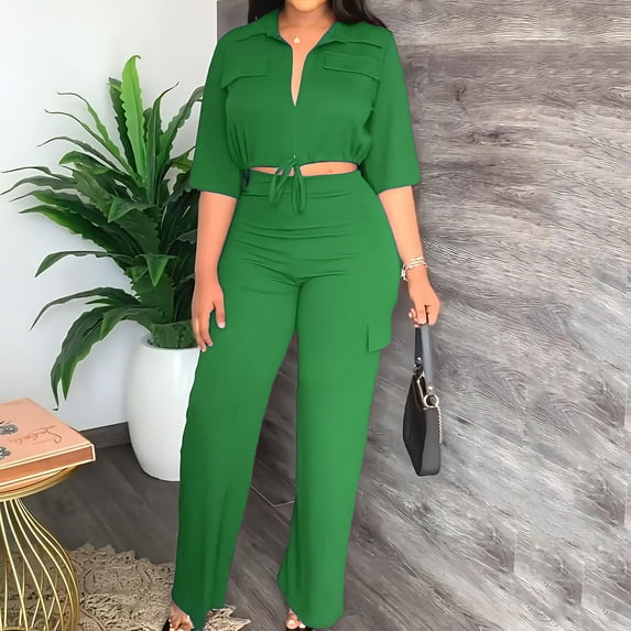 Idoravan Women Sets Clothing Womens Casual Fashion Solid Color Drawstring Top High Waist Workwear Straight Leg Pants Commuting Two-piece Set