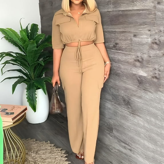 Idoravan Women Sets Clothing Womens Casual Fashion Solid Color Drawstring Top High Waist Workwear Straight Leg Pants Commuting Two-piece Set