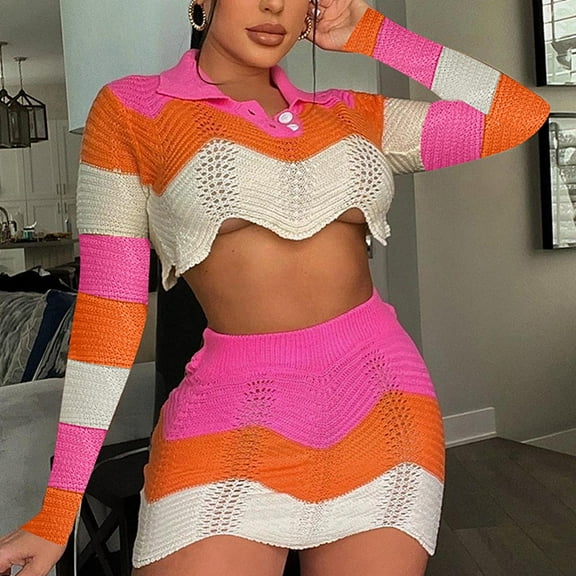 Idoravan Women Sets Clothing Clearance Womens Fashion Knitting Lapel Elastic Irregular Navel Exposed Long-sleeved Short Skirt Suit