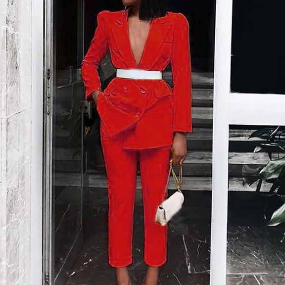 Idoravan Women Sets Clothing Womens Long Sleeve Solid Suit Pants Casual Elegant Business Suit Sets(without Belt )