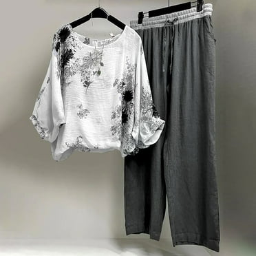 Idoravan Women Sets Clothing Clearance Womens Print Crewneck Long Sleeve Pullover Shirt Tops + Pants Trousers Set