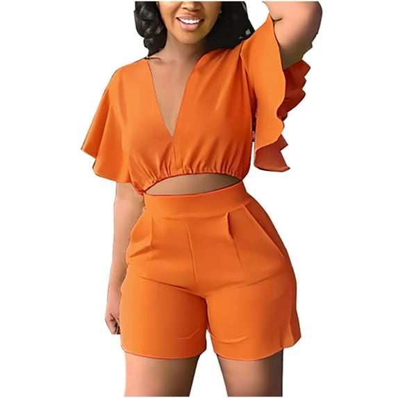 Idoravan Women Sets Clothing Clearance Womens Ruffle Short Sleeve V-Neck Top Casual Shorts Summer Plus Size Women Suits