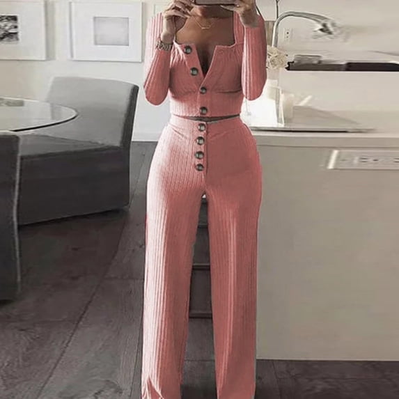 Idoravan Women Sets Clothing Womens Solid Color Long Sleeve Cardigan Slim Buttoned Casual Pants Suit