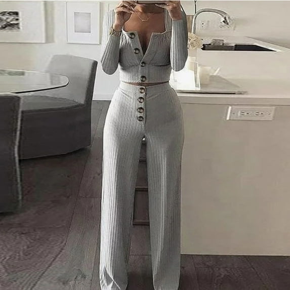 Idoravan Women Sets Clothing Womens Solid Color Long Sleeve Cardigan Slim Buttoned Casual Pants Suit