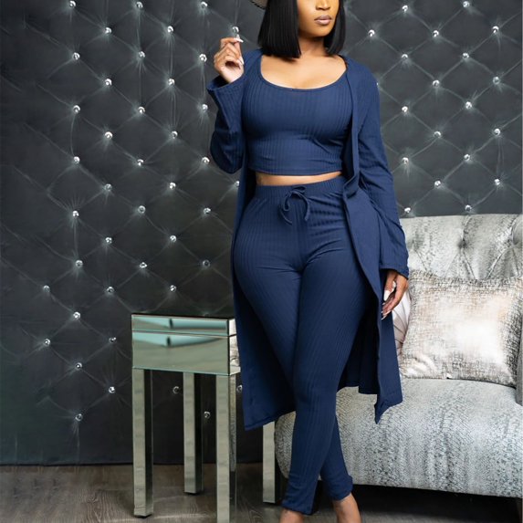 Idoravan Women Sets Clothing Clearance Womens Solid Color Sexy Round Neck Loose Stretch Tops Blouse Tank Top Pants Three Piece Set