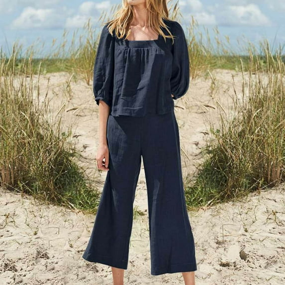 Idoravan Women Sets Clothing Womens Solid Color Three-Quarter Sleeve Square Collar Cropped Top + Casual Long Pants Suit Set