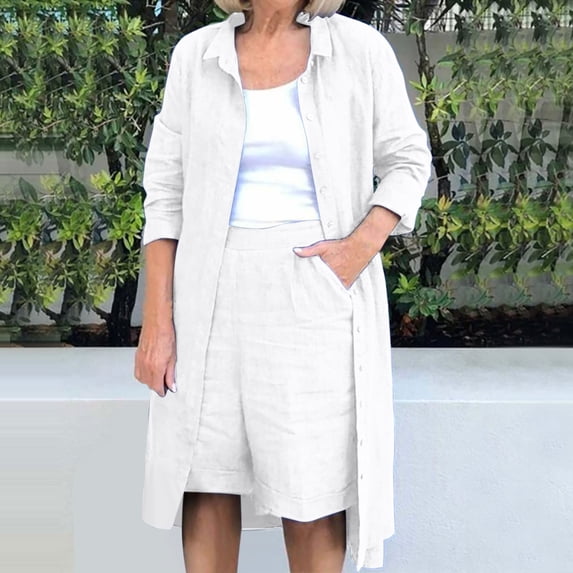 Idoravan Women Sets Clothing Clearance Womens Solid Turndown Collar Long Sleeve Long Shirt Blouse + Shorts Pants Set