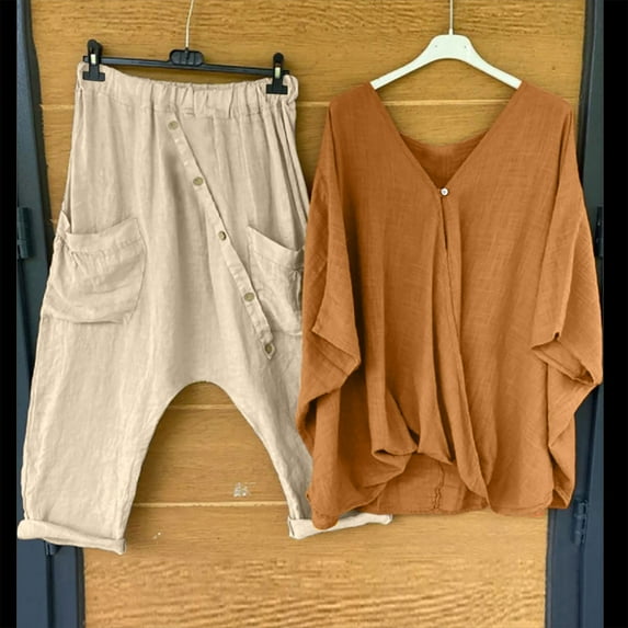 Idoravan Women Sets Clothing Womens Solid V-neck Long Sleeve Pullover Shirt Tops + Pants Trousers Set